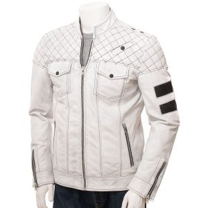 Mens White Leather Biker Jacket