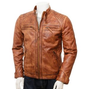 Mens Tan Leather Biker Jacket