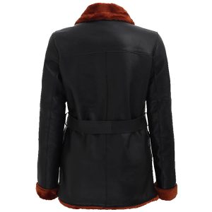 Womens Brown Shearling Collar Leather Coat