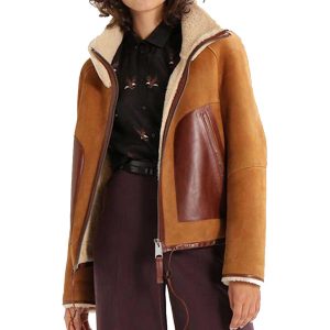 Womens Shearling Collar Brown Suede Leather Jacket