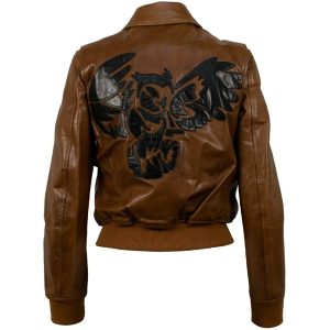 Womens Brown Leather With Design Bomber Jacket Back
