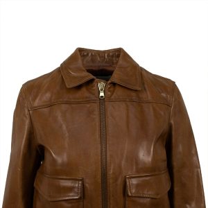 Womens Brown Leather With Design Bomber Jacket zoom
