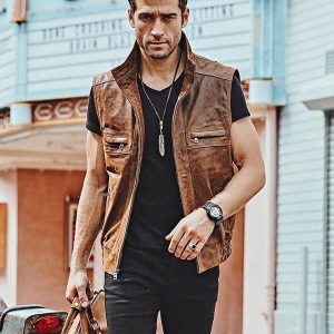 mens leather vest brown