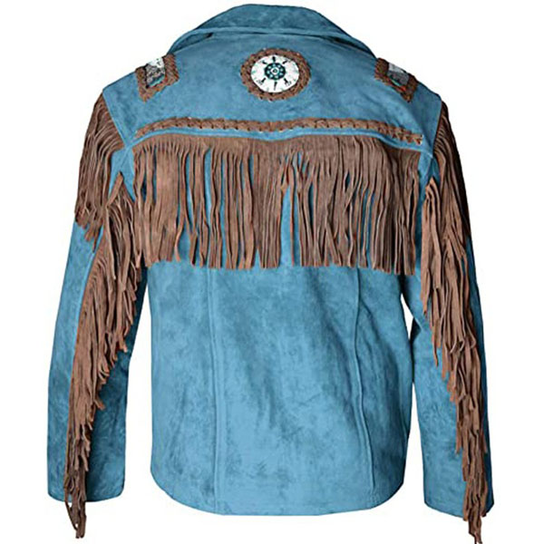 traditional mens fashion cowboy brown suede leather western jacket fringes bead back view 1