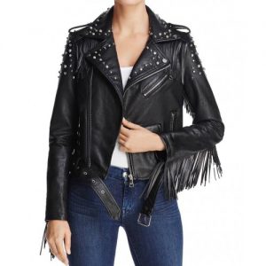 women punk style black studded biker leather jacket